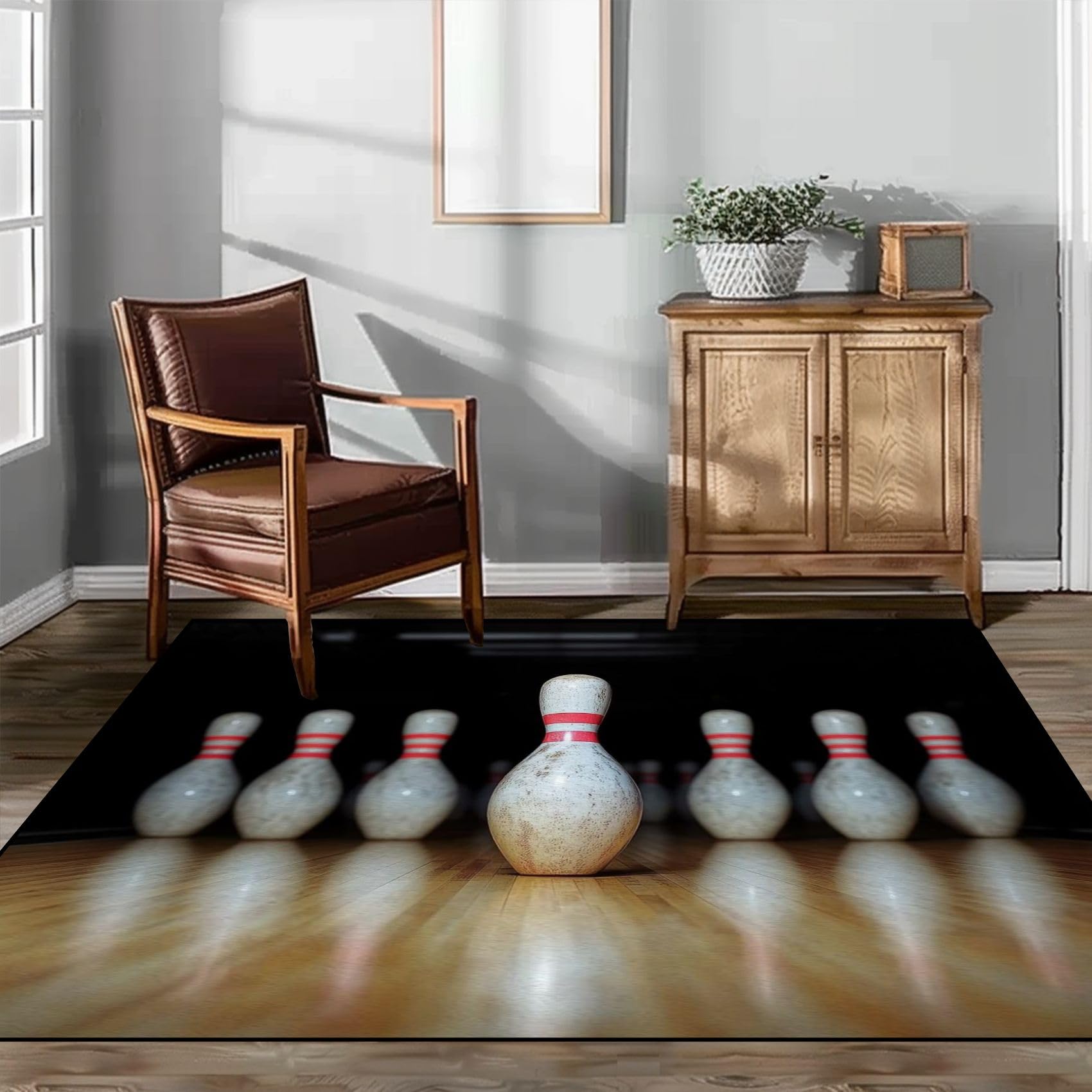 ENIGMEX Area Rug, Art Soft Non-Slip Rug, 5'x7' Rugs, Bowling Alley White pins Accent Carpet for Bedroom Living Room Hallway Outdoor Decor