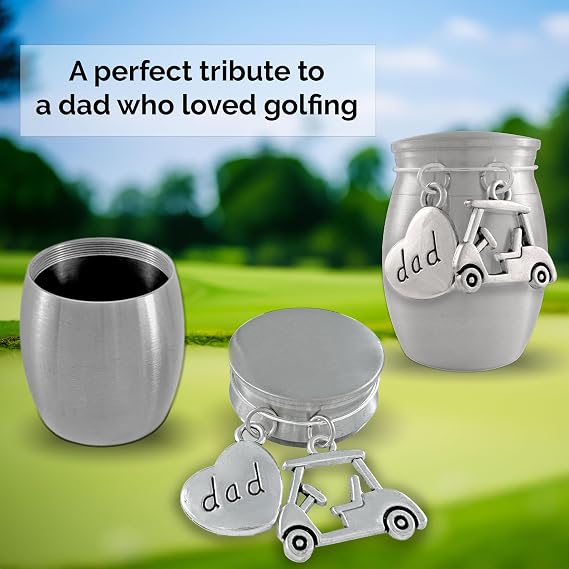 Dad Golf Small Urn for Ashes Mini Keepsake Cremation Urns for Loss of Dad | Golfing Themed Urn in Memory of Father. Miniature Urn Holds a Small Amount of Cremation Ashes. Heavyweight Stainless Steel