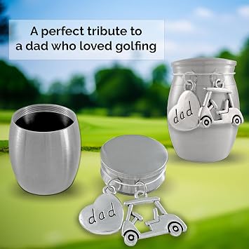 Dad Golf Small Urn for Ashes Mini Keepsake Cremation Urns for Loss of Dad | Golfing Themed Urn in Memory of Father. Miniature Urn Holds a Small Amount of Cremation Ashes. Heavyweight Stainless Steel