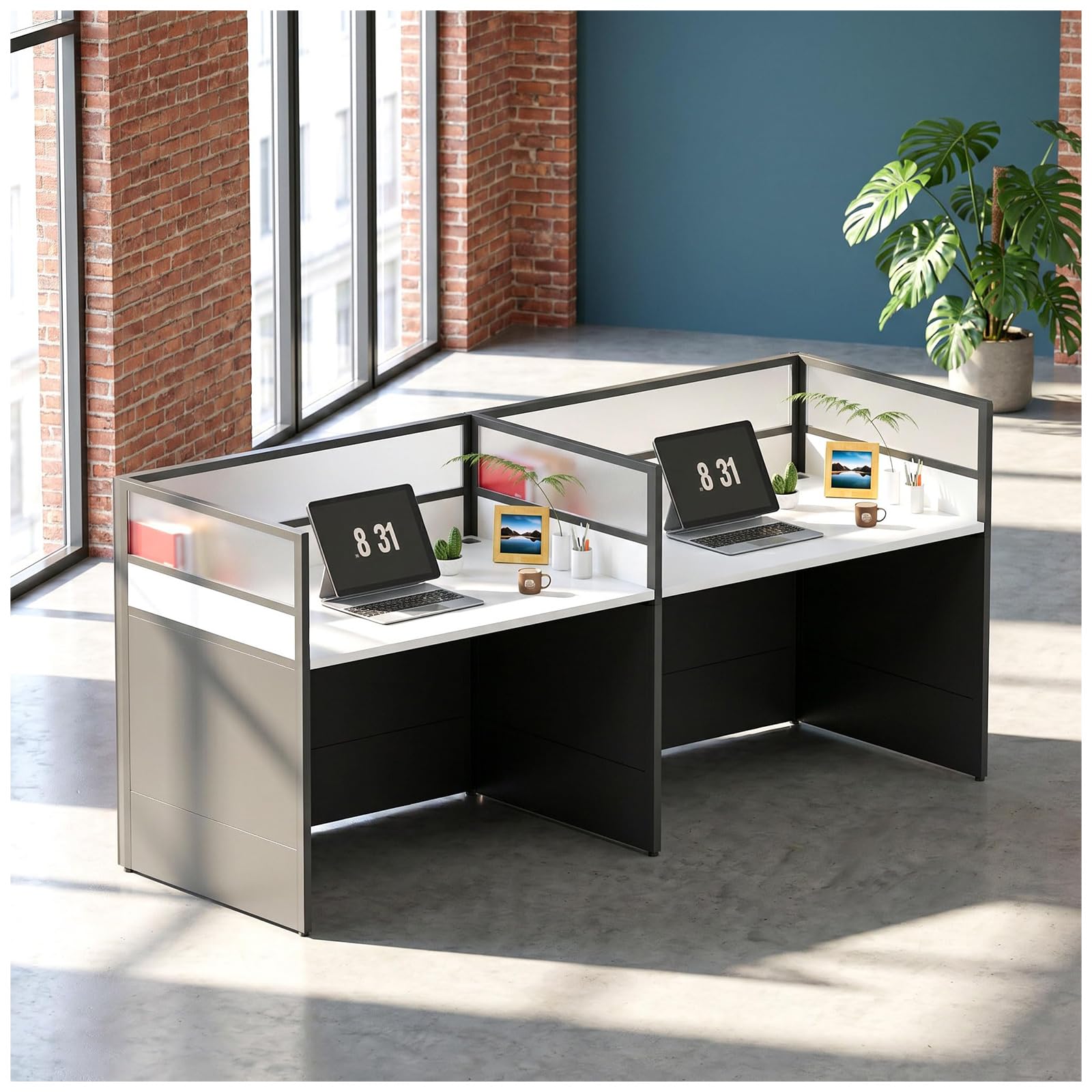 Postazione Ufficio, Scrivania per Cubicolo, Workstation con Pannelli Privacy e Passacavi, Scrivania Operativa per Startup, Spazi Commerciali e Call Center,2~Person~S