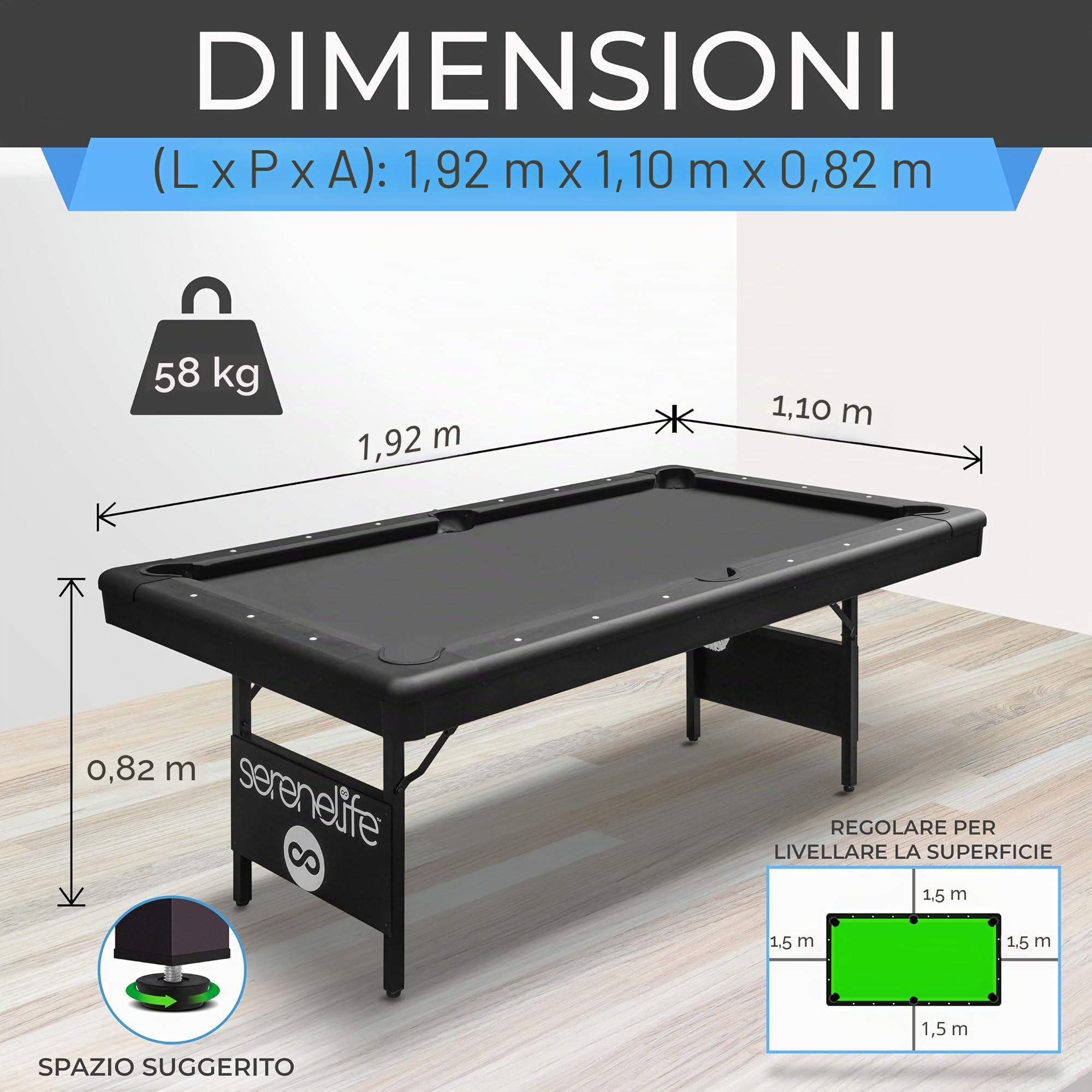 SereneLife Pieghevole da 6 Piedi – Portatile – Include 2 Cue, Set Completo di Palle, Gesso, Spazzola – Pieghevole per Bambini e Adulti (Nero)