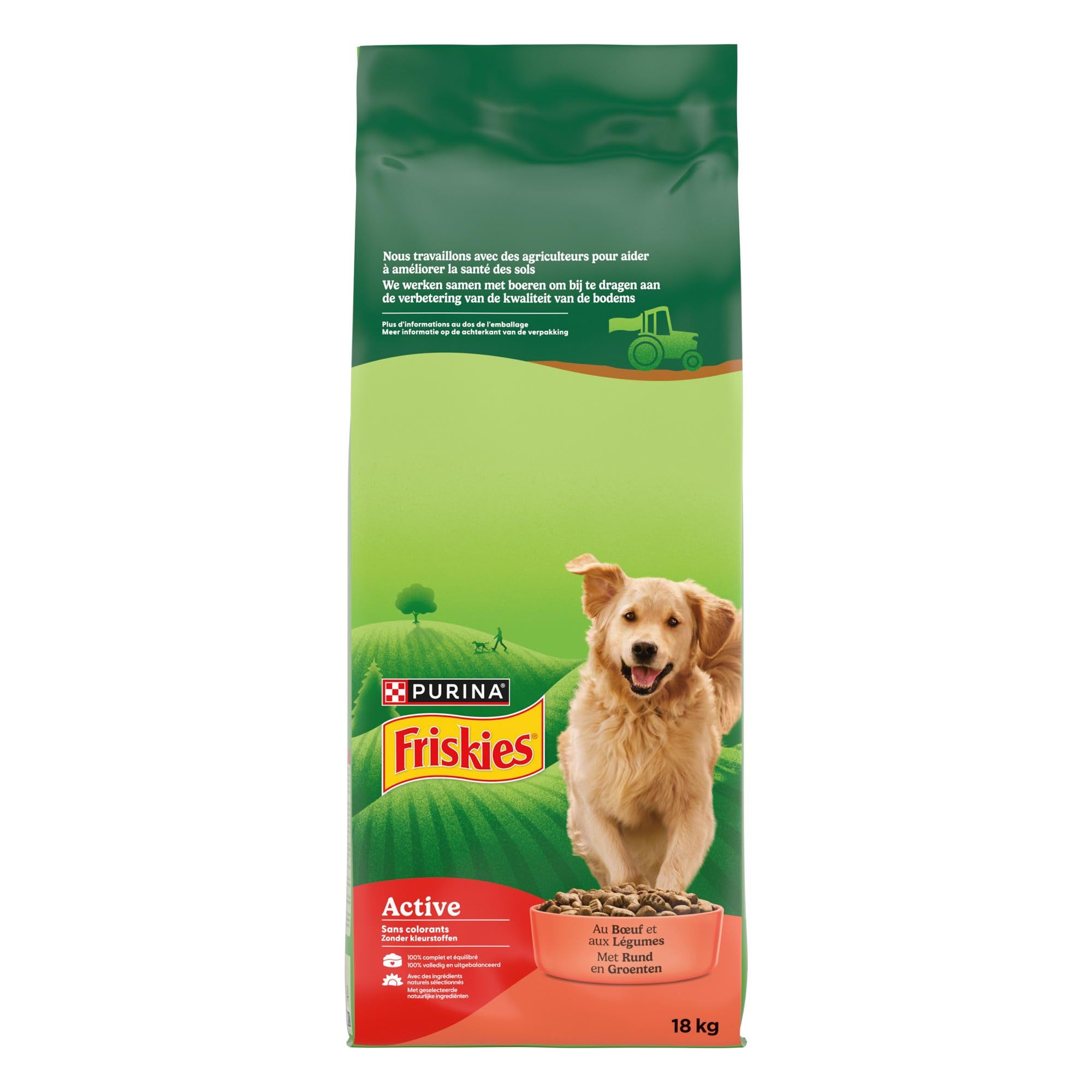 FRISKIES | Attivo | Cane | Crocchette 100% complete ed equilibrate per cani adulti | Manzo | Aiuta a mantenere un alto livello di energia | Borsa | 18 KG