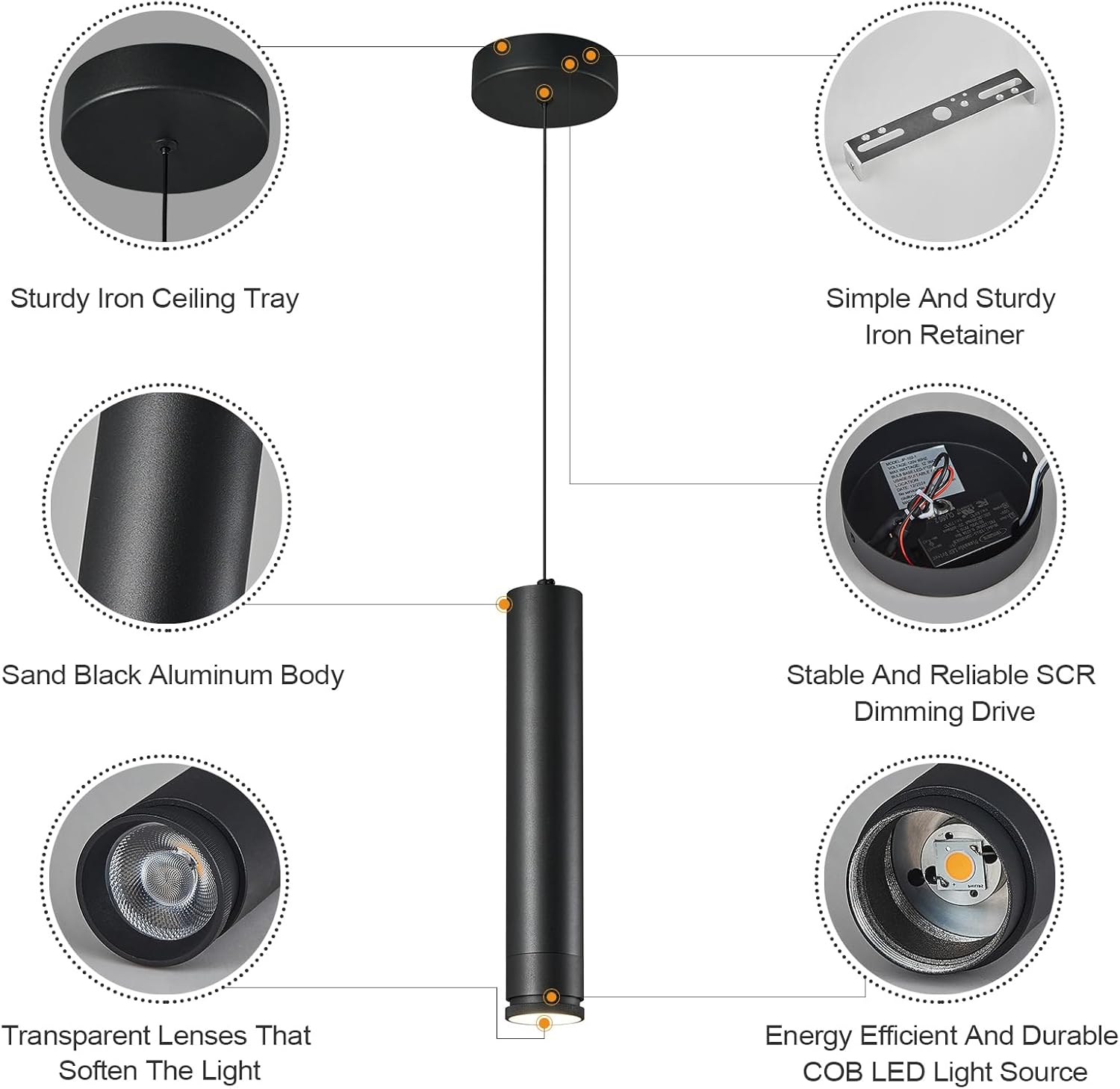 Adjustable Focus LED Pendant Lights Kitchen Island 3 Pack Black Pendant Light Mini Modern Pendant Lighting for Kitchen Bedroom Dining Room Cylinder Pendant Spot Light, 4000K