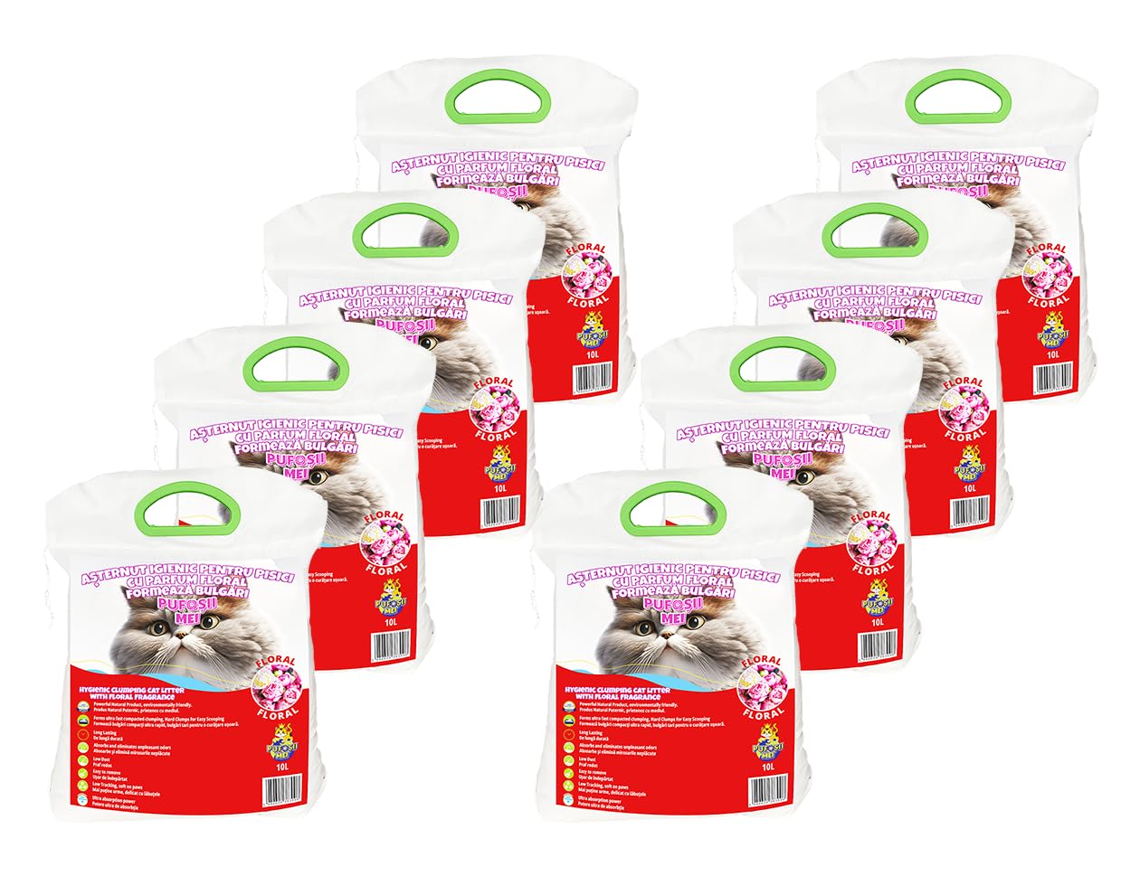 Litière agglomérante pour chat au parfum floral en paquet économique de 8 x 10 L