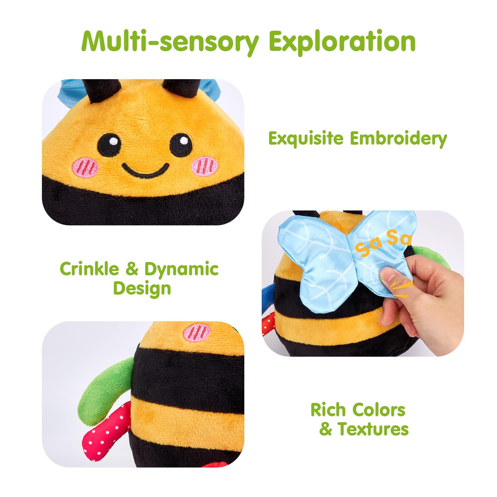 hahaland 4-IN-1 Dancing Bee Baby Toys 6 to 12 Months Boys & Girls Montessori Plush Interactive Sensory Tummy Time Toys - Image 4