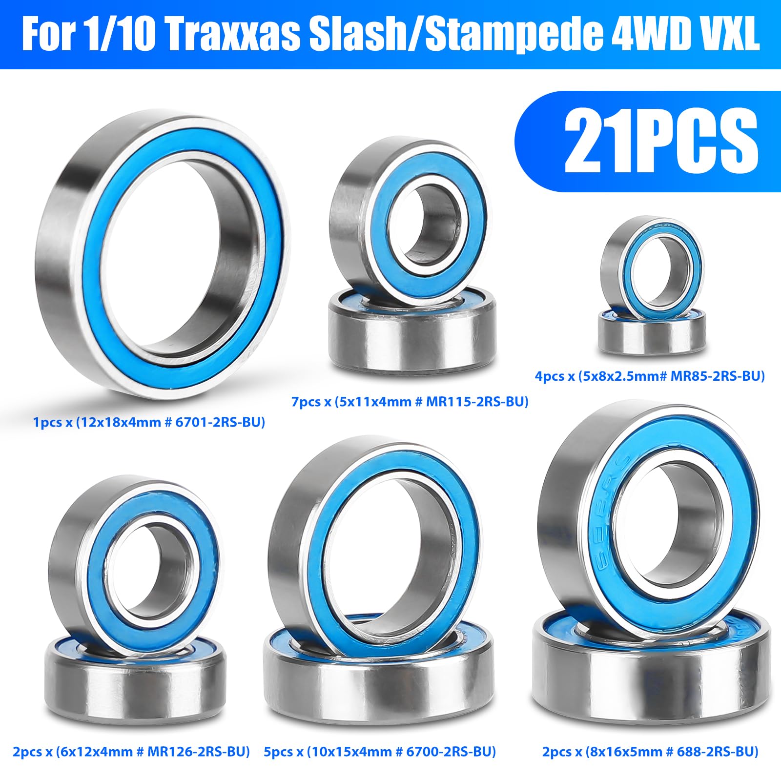 SUNJOYCO 21PCS RC Bearing Kit, Steel Sealed Ball Bearings for 1/10 Traxxas Slash Stampede 4x4 4WD VXL RC Crawler