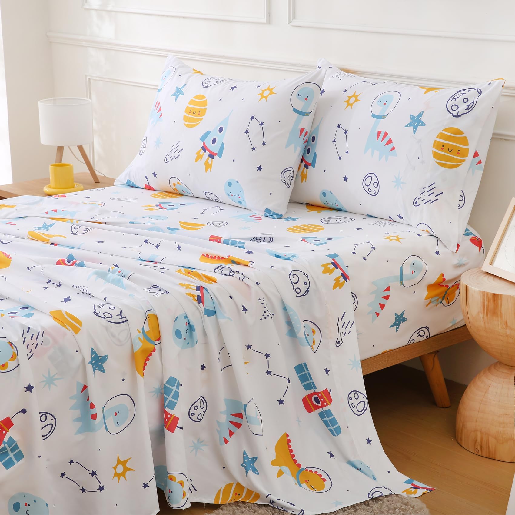 Twin Sheets Set for Kids Boys Spcace Dinosaur Bed Sheets 15-Inch Deep Pocket Fitted Sheet Soft Breathable Microfiber Bedding Sets with Pillowcase 3 Pieces