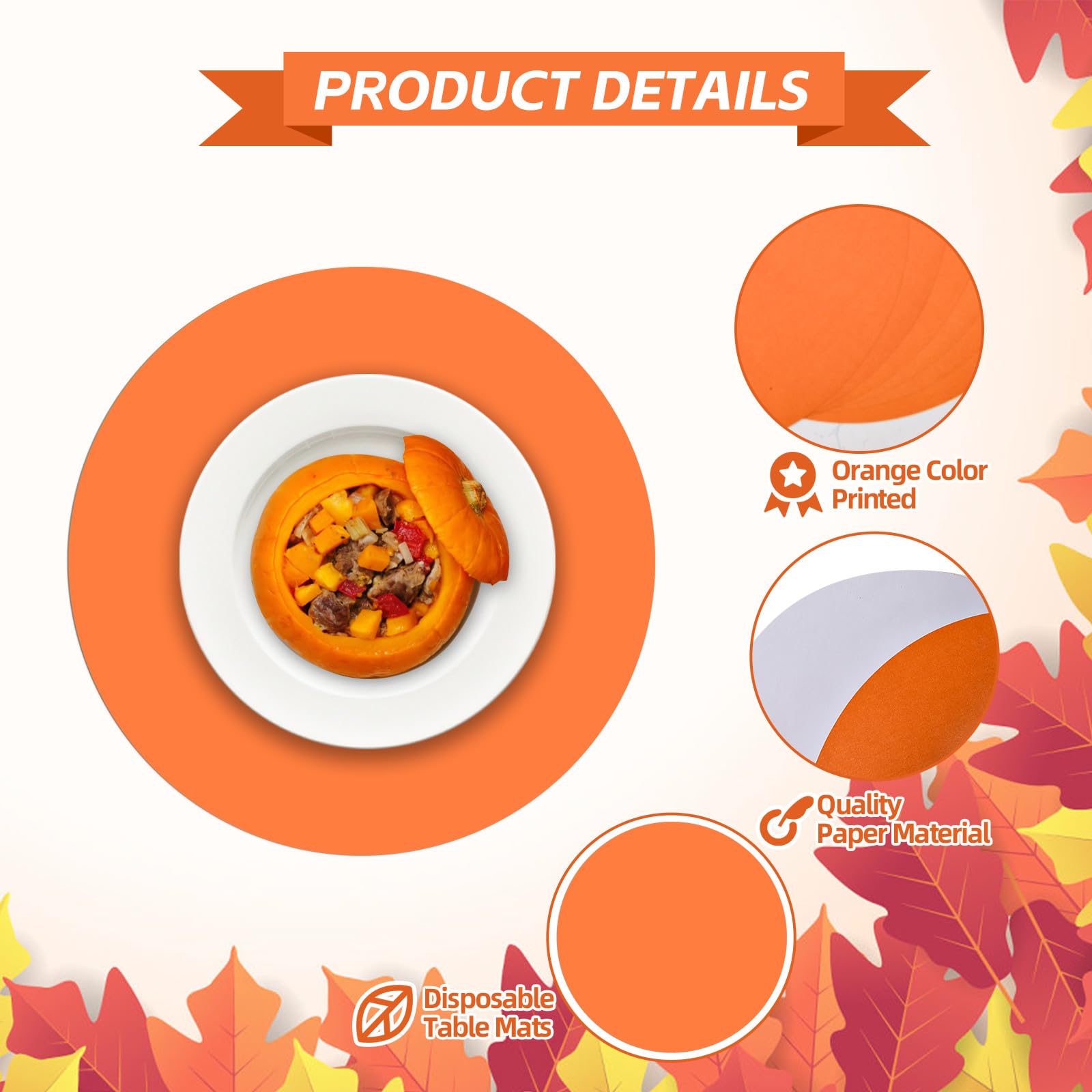 50 manteles individuales de papel naranja de otoño, calabaza, especias, redondos, desechables, manteles individuales decorativos de agradecimiento para suministros de fiesta naranja, decoración del
