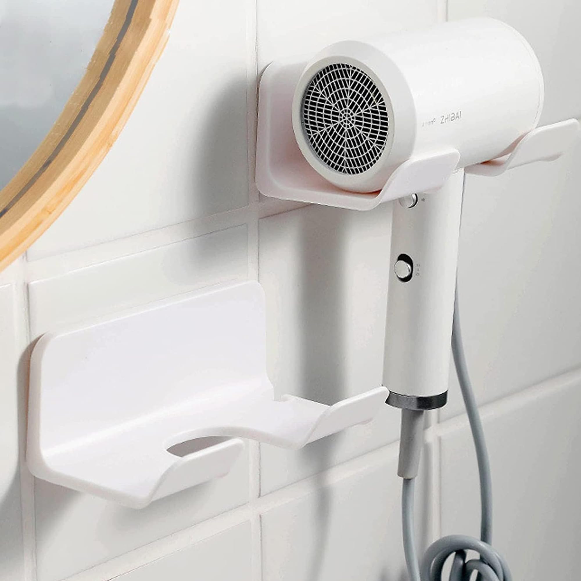 Porta Asciugacapelli Da Muro Senza Foratura - Supporto Per Phon E Styling, Bianco, Adesivo - Foto 3