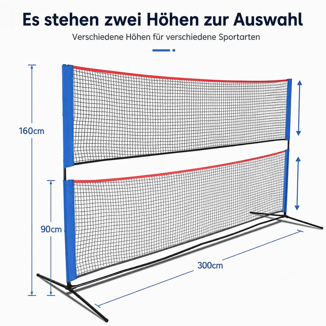 Kapler Badmintonnetz 300 cm: Höhenverstellbares Multisport-Netz 90/160 cm für Garten, Badminton, Tennis, Pickleball & Volleyball, tragbar