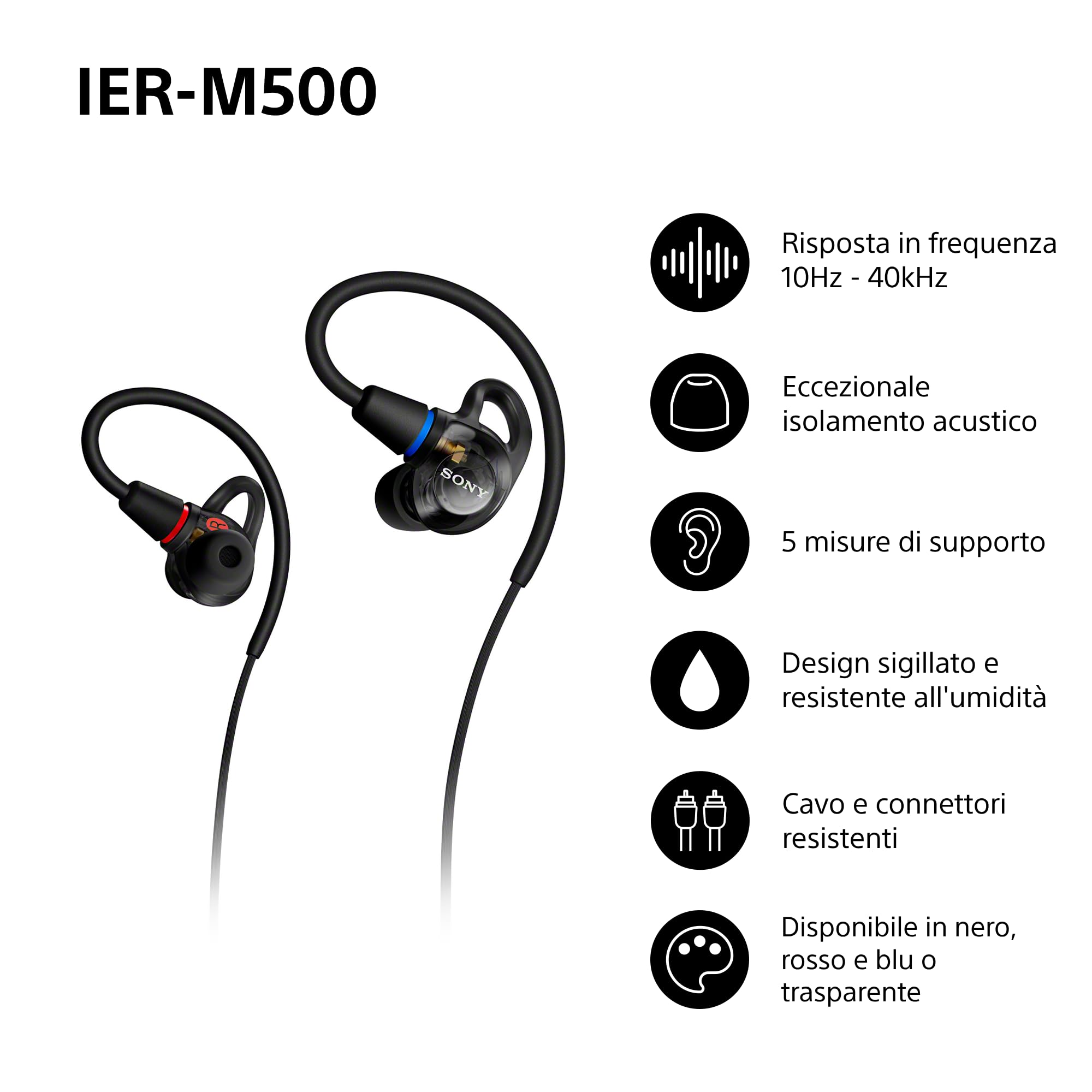 Cuffie intrauricolari con cavo Sony IER-M500 Pro | Auricolari IEM ad alta risoluzione con cavo, isolamento acustico ideali per musicisti, artisti e uso in studio - Nero