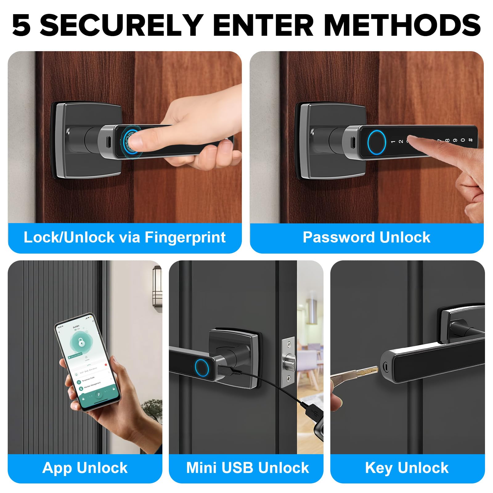 Mutak Keyless Entry Smart Door Lock with 2 Lever Handles, 5 in 1 Biometric Electric Digital Deadbolt Fingerprint Touchscreen Keypad APP Type-C Charging Unlocking for Front Doors Home Office Apartment