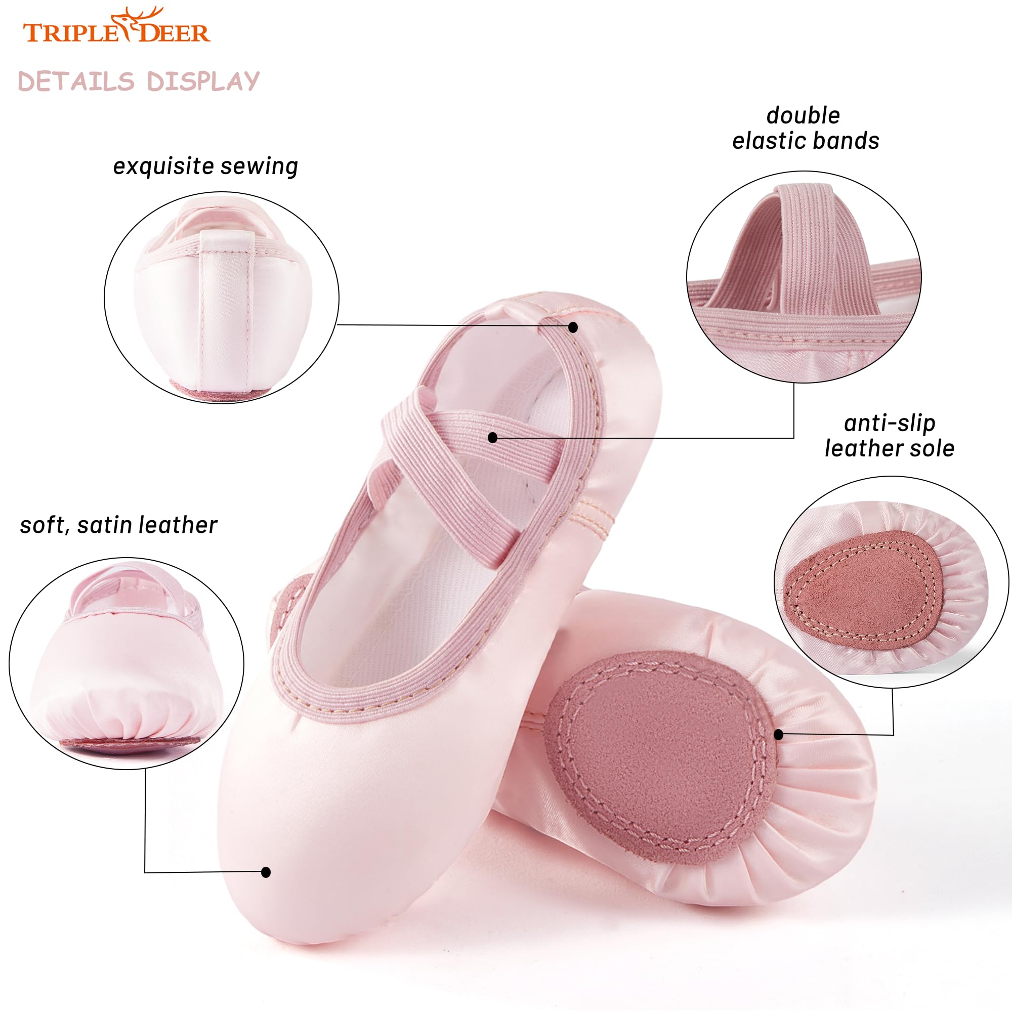 Triple Deer Ballettschuhe für Mädchen, Satin, Tanz-Übungs-Hausschuhe, geteiltes weiches Leder, flache Sohle, Yoga, Gymnastik, Schuhe (Kleinkind/kleine/große Kinder)