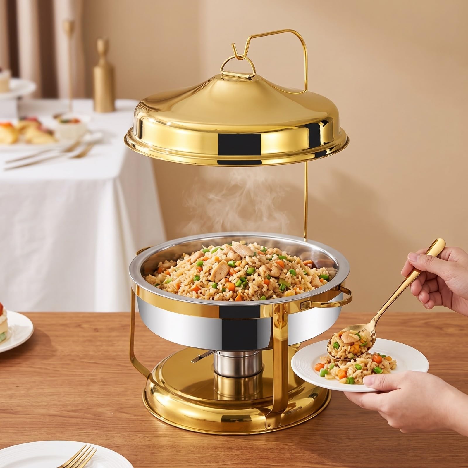 Scaldavivande In Acciaio Inox, Scaldavivande con Coperchio a Rullo, Portatile, Vassoio Riscaldante, per Banchetti, Catering, Argento