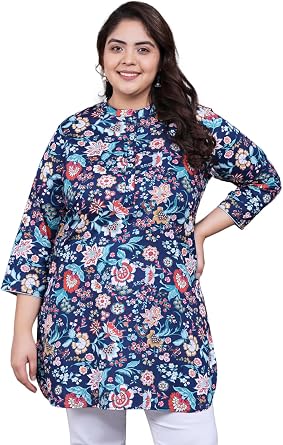 Tissu Women's Plus Size Blue Floral Printed Tunic Kurti