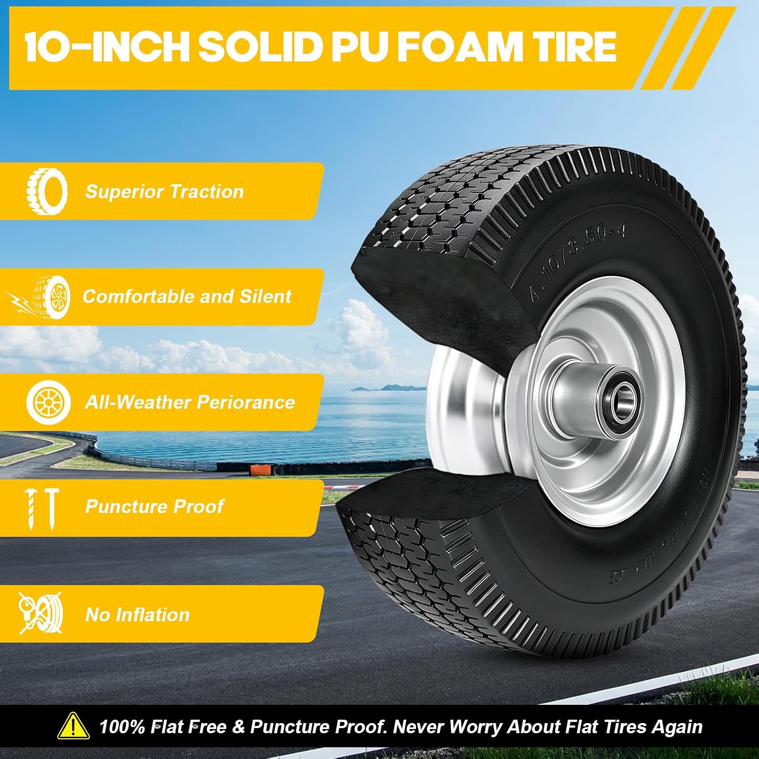 2 Pack 4.10/3.50-4 Flat Free Tire and Wheel，10 Inch Solid PU Foam Replacment Tire with 5/8" Double Sealed Bearings, Replacment for Gorilla® Cart Hand Truck Garden Utility Cart Wagon Trolley Dolly Cart