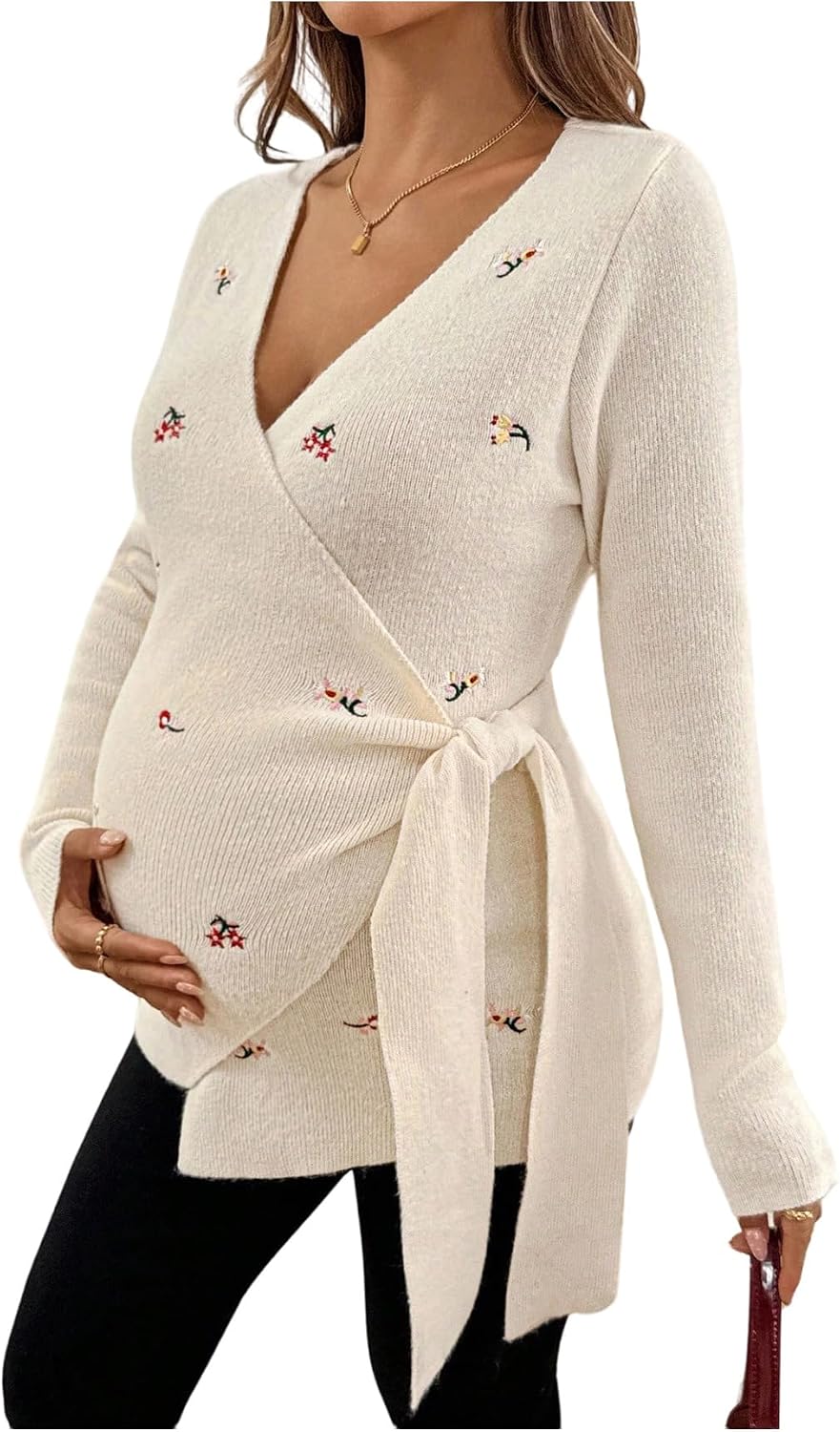 MakeMeChic Women's Maternity Cute Floral Sweater Embroidery Boho Wrap Tie Side Knit Tops Long Sleeve Pregnancy Tops