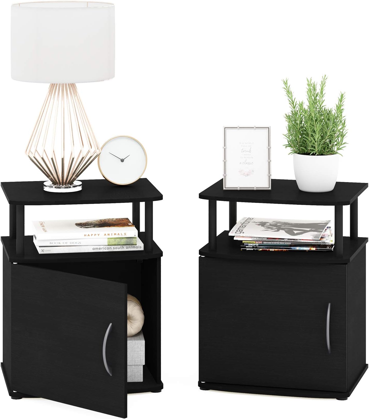 JAYA End Side Sofa Table/Nightstand with Door, 2-Pack, PVC Tubes, Black Wood