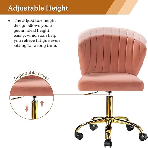 Miniatura 3 de TINA'S HOME Sillas de escritorio de oficina con ruedas y base dorada, moderna silla de oficina sin brazos de terciopelo, silla giratoria ajustable