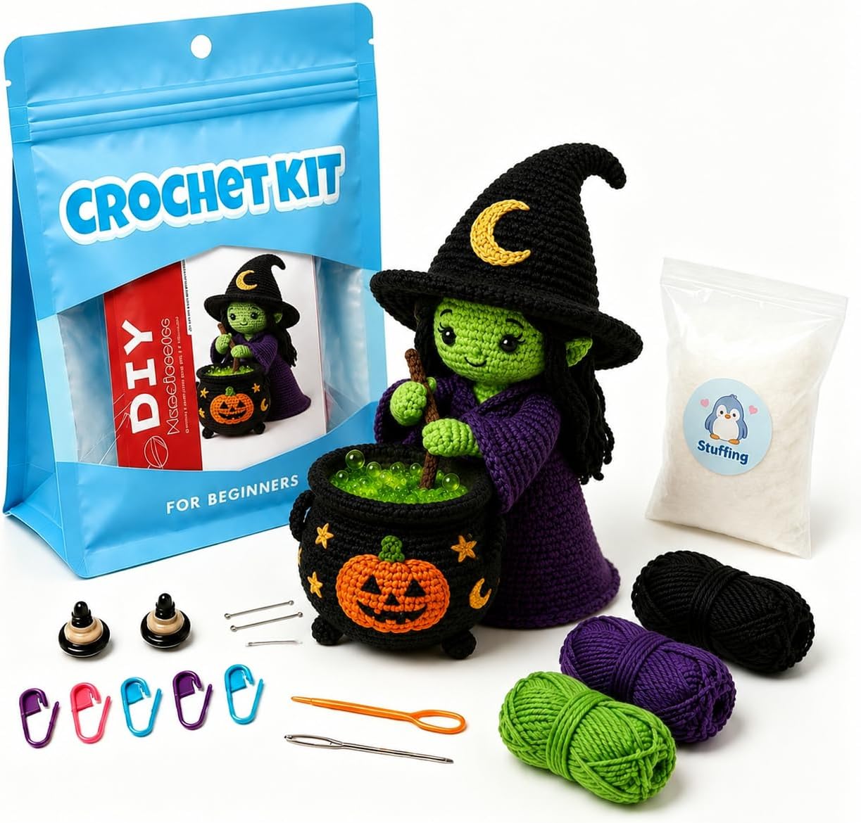 Halloween Witch with Cauldron Amigurumi Crochet Kit for Beginners, Complete DIY Craft Supplies with Instructions, Green Witch Pumpkin Pot Crochet Starter Kit, Handmade Halloween Table Decor Gift