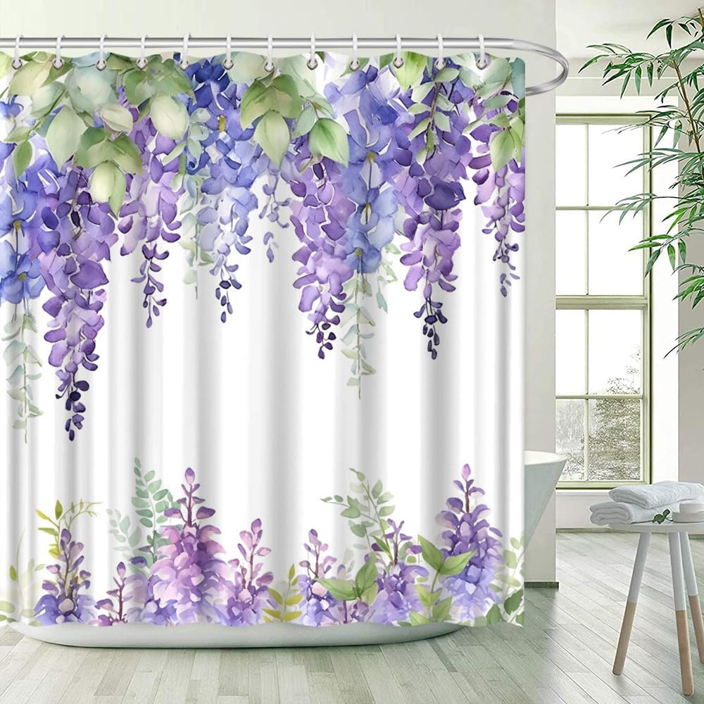 Purple Flower Shower Curtain Rustic Wisteria Violets Lavender Rural Farmhouse Plants and Green Leaves Watercolor Floral Spring Bathroom Decor Curtains 94x70 inch with Hook