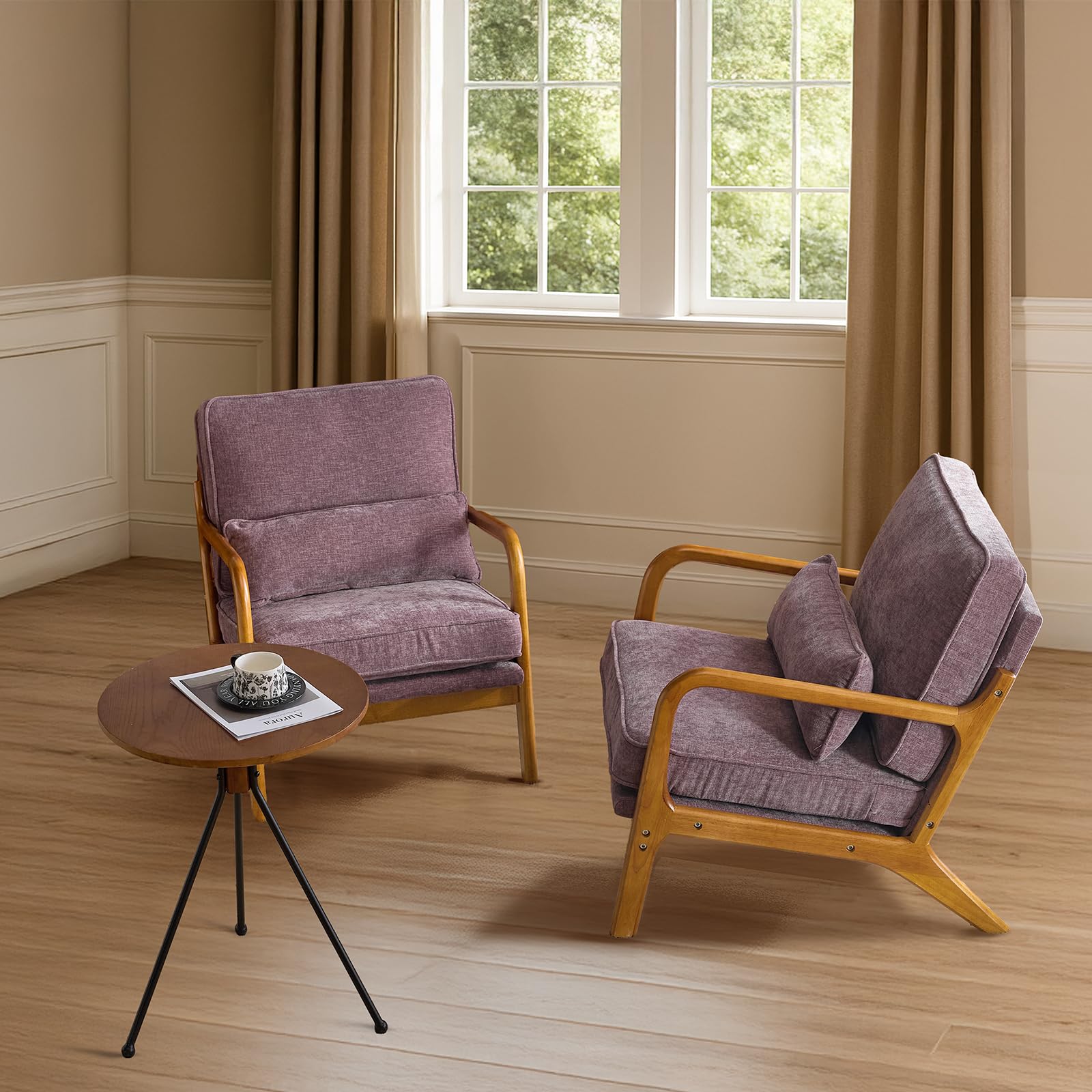 VINGLI Arm Chairs,Mid Century Modern Accent Chairs with Solid Wood Frame,Comfy Upholstered Armchair with Lumbar Pillow,Chairs for Living Room,Bedroom,Small Spaces,Chenille (Light Purple-2pcs)