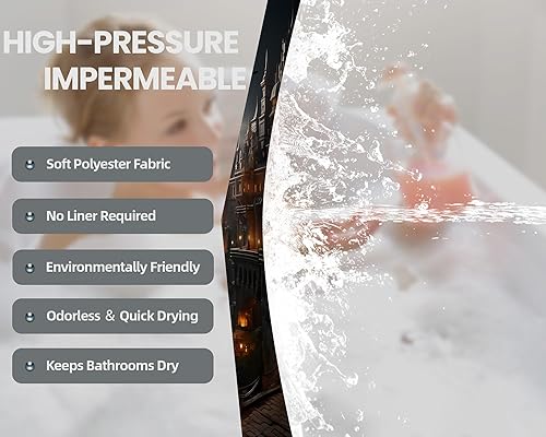 Miniatura 5 de Cortina de ducha de castillo, espeluznante y aterradora, juego de decoración de baño de murciélago gótico negro y dorado, tela impermeable con