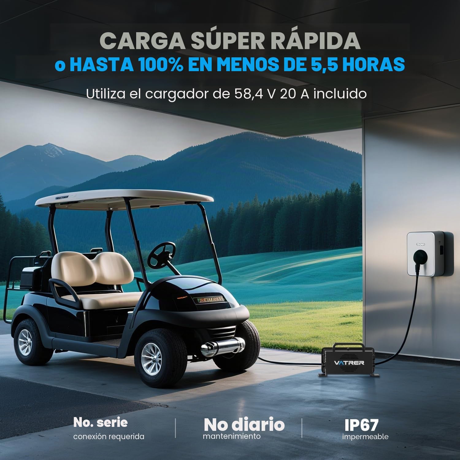 VATRER POWER Batería LiFePO4 51.2V 105Ah para Carrito de Golf | App Bluetooth · BMS inteligente de 200 A · Compatible con Club Car, EZGO, Yamaha, Garia, Melex e Italcar