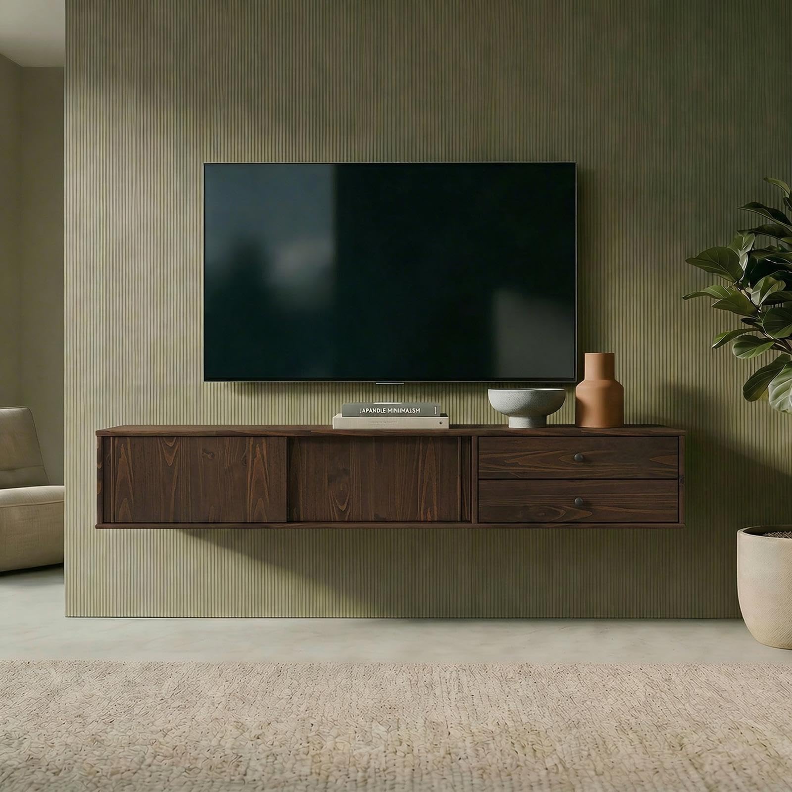 IDIMEX Lowboard Simona 175 cm hängend aus Massivholz, Nussbaum Finish - TV Schrank mit 2 Schiebetüren und Schubladen, Wohnzimmermöbel im Mid Century Style, ideal als TV Board.