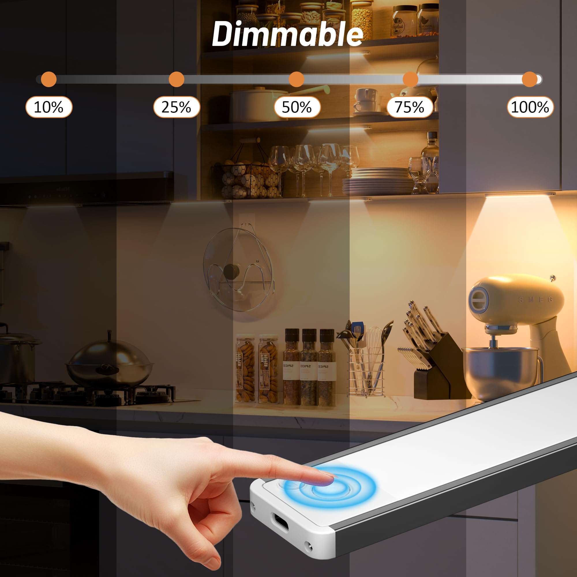 GWULC Luce LED Sottopensile Cucina Lampade LED Sottopensili 20CM Magnetiche a Batteria Sensore Movimento Armadio Ricaricabile USB Senza Fili Illuminazione Interno per Armadi e Schrank