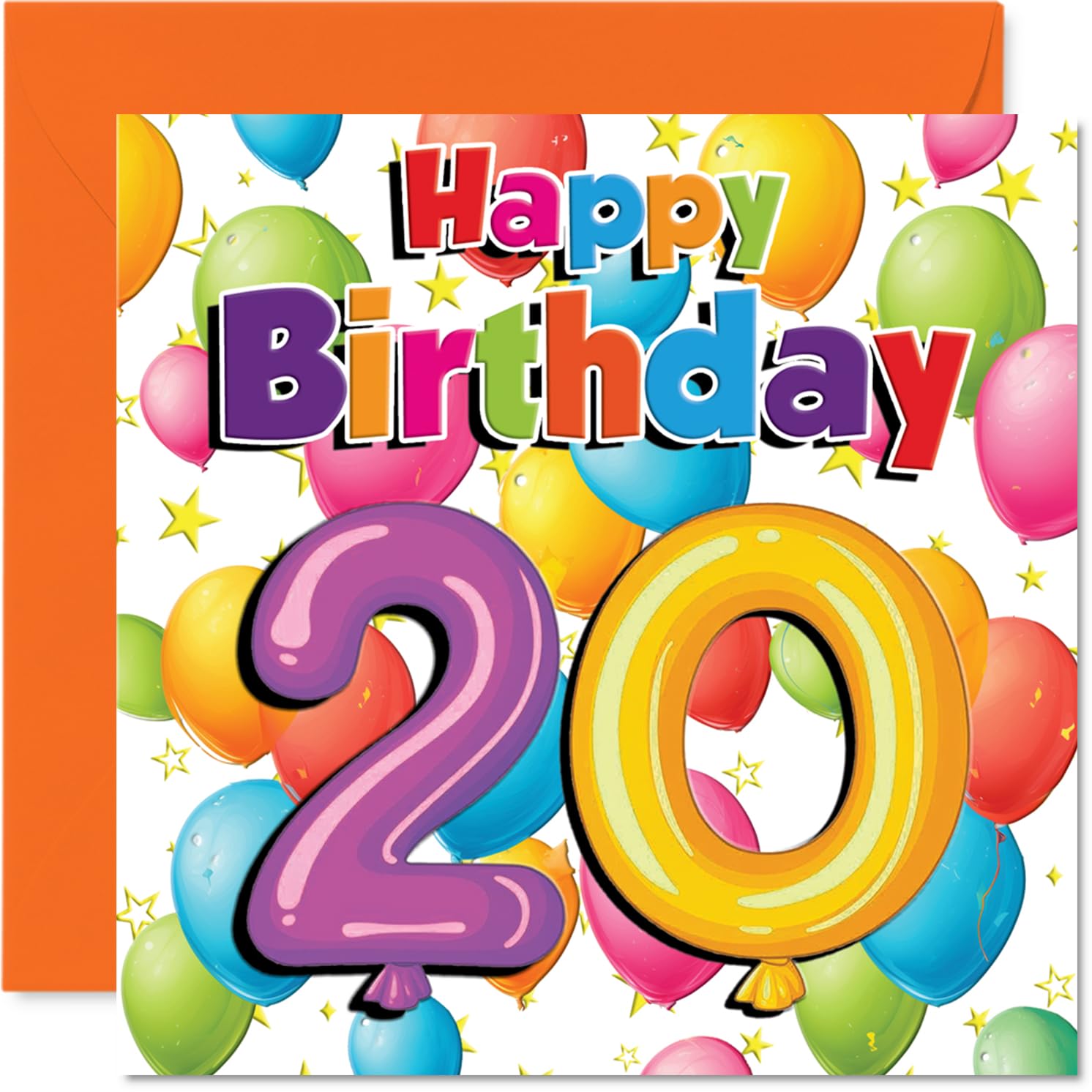 Milestone 20th Birthday Card - Bursting with Birthday Cheer - Colourful Balloons and Stars Design - A Vibrant Way to Mark the Big 2-0 - 145mm Square, Envelope Included