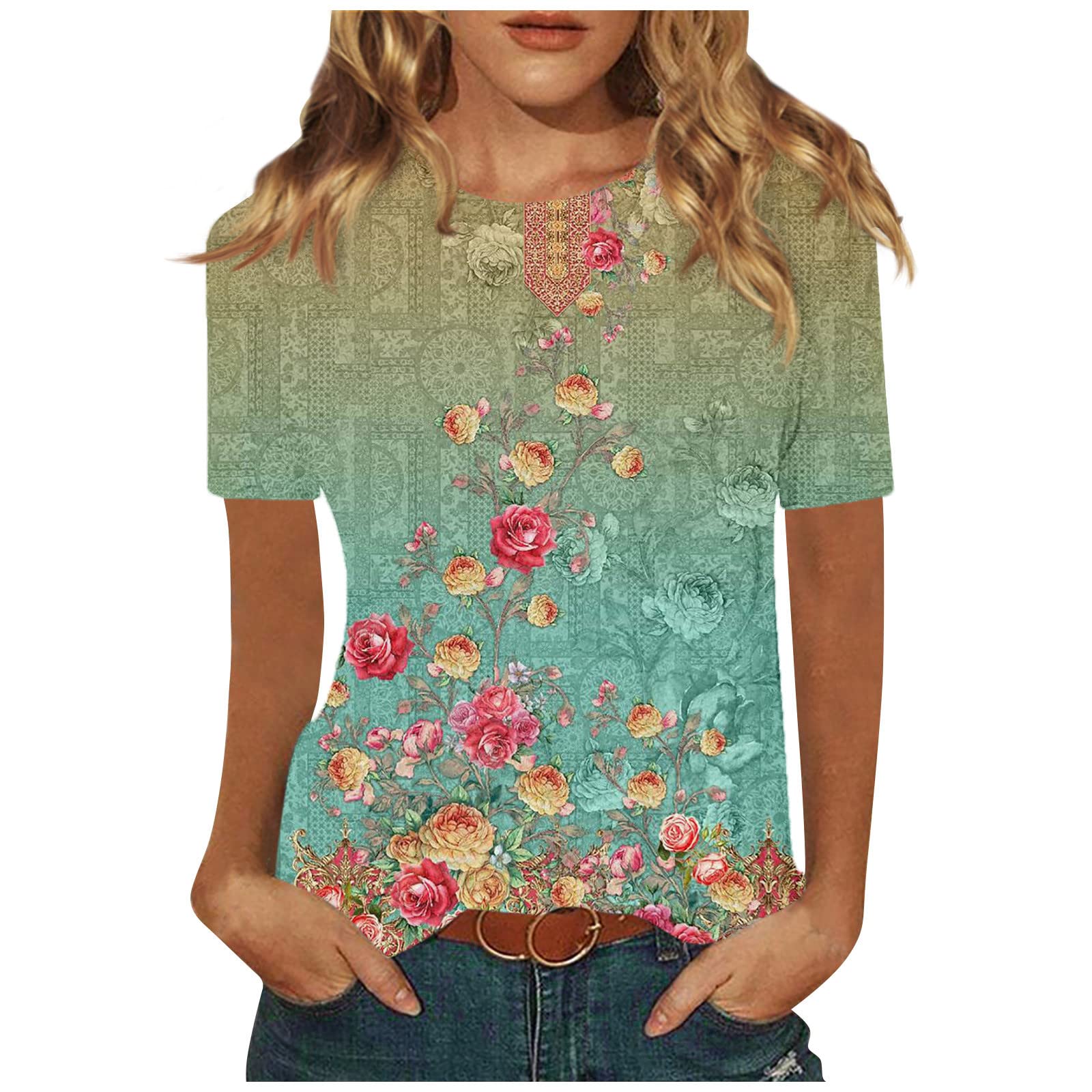 SHOWONSKY Cute Tops for Women 2023 Short Sleeve Crew-Neck Work Cut Out Summer Shirt Lady Beautiful Comfort Shirts