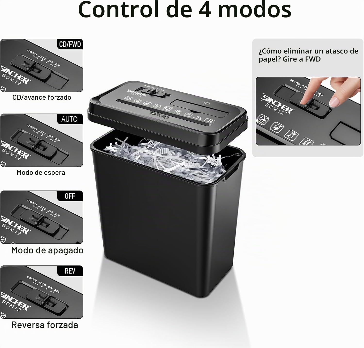 Destructor de Documentos, Corte en Tiras de 12 Hojas, Destructor de CD/Tarjetas de crédito, con protección contra sobrecalentamiento, Papelera de 14 l para Oficina en casa