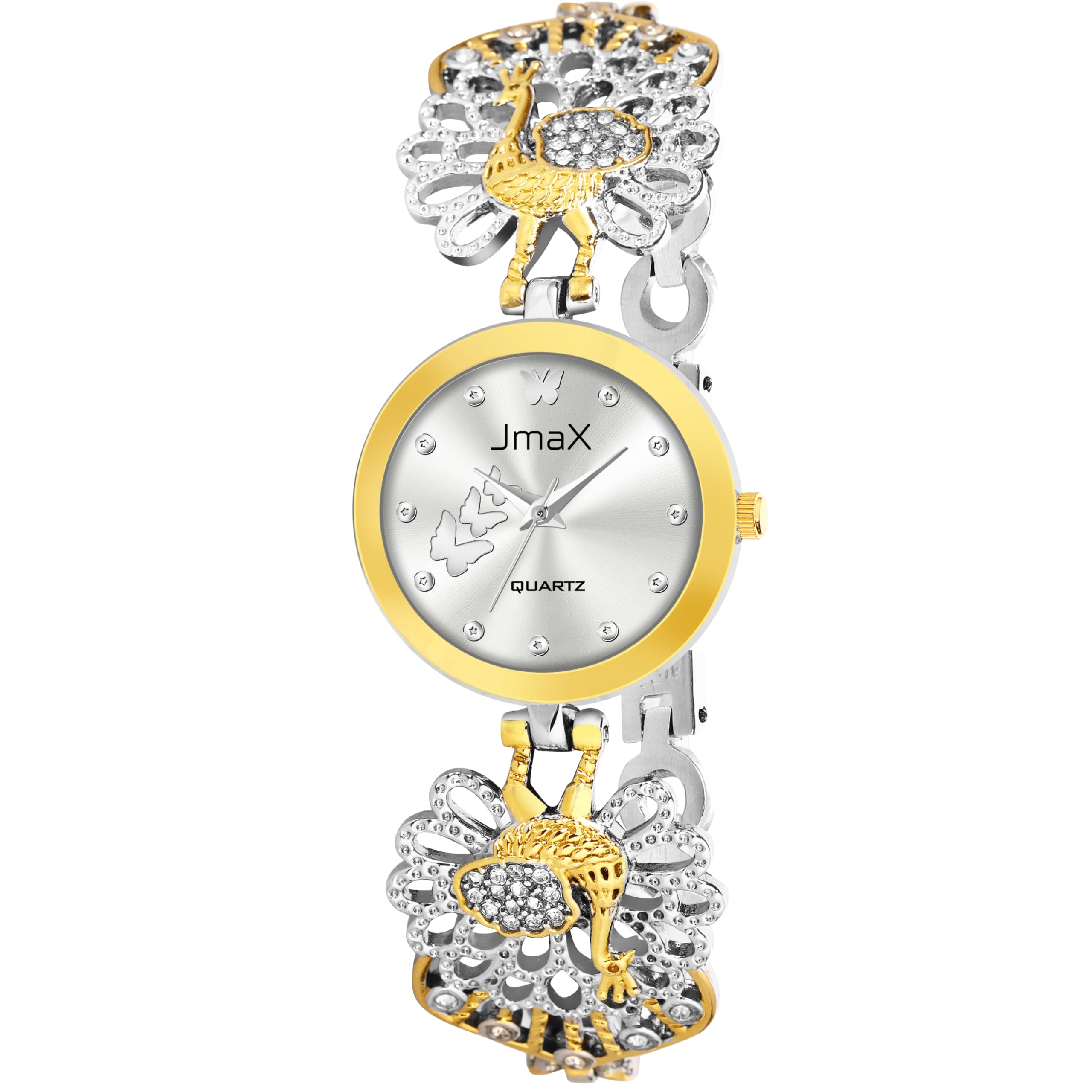 Jmax Women's Peacock Design Quartz Analog Watch - Elegant Dual-Tone with Crystal Accents