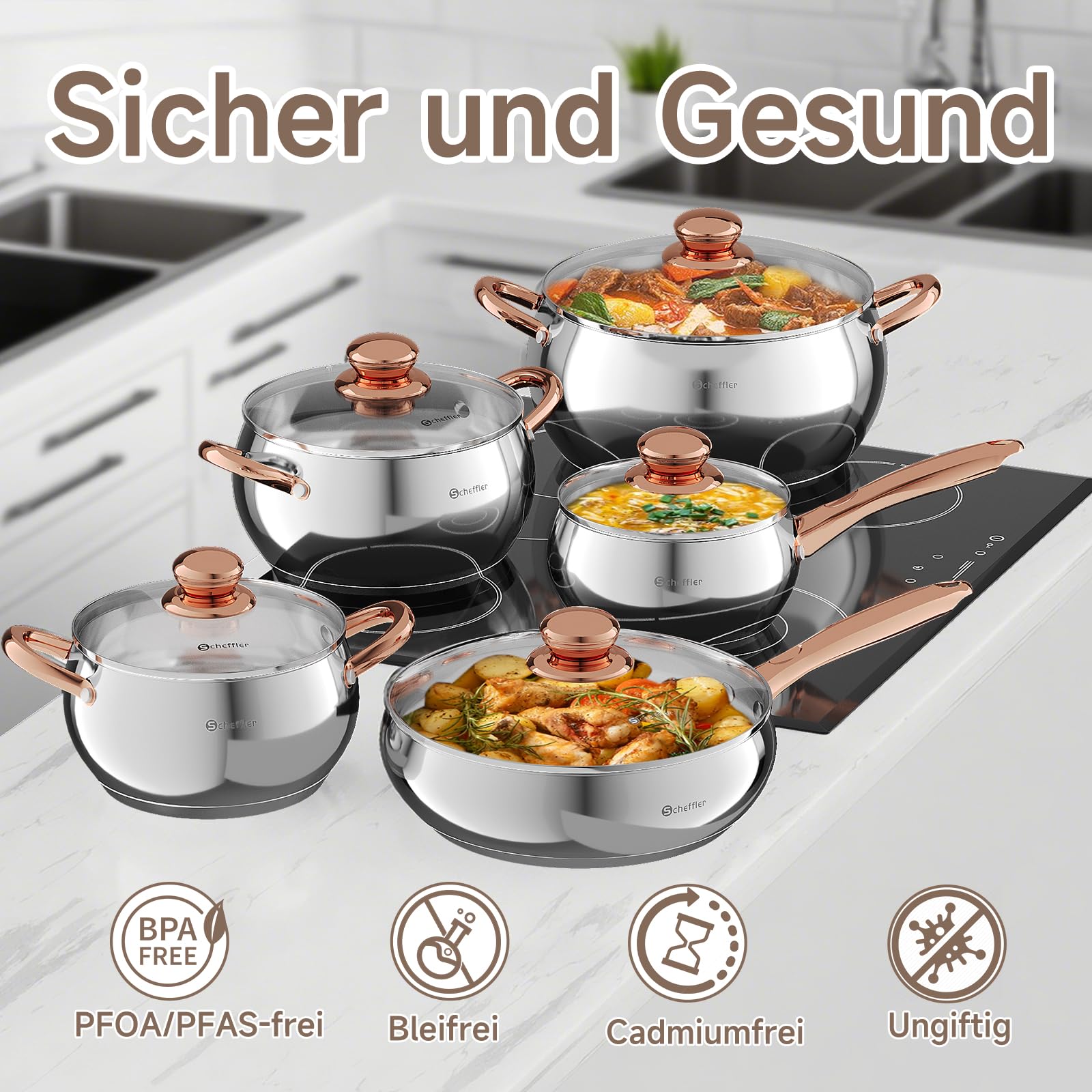 Scheffler Topfset Mit Deckel, 10tlg, Induktions, Für alle Herdarten | Edelstahl-Kochtopfset, 16/18/20/24/24 cm