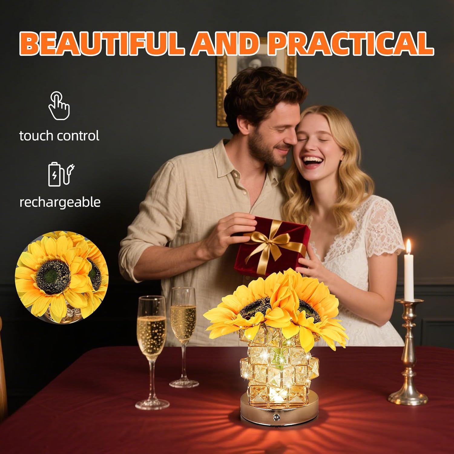 LED Rose Light with Crystal Base, USB Rechargeable, 800mAh Battery, 5V (Rose Light)