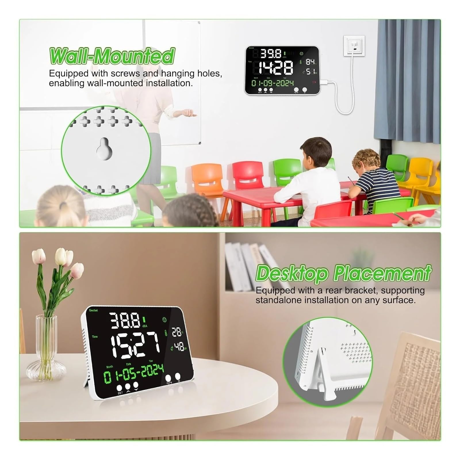 Medidor de Decibeles, Medidor de decibelios Nivel sonido montado en la pared Muestra Hora Temperatura Humedad Fecha, Monitor ruido