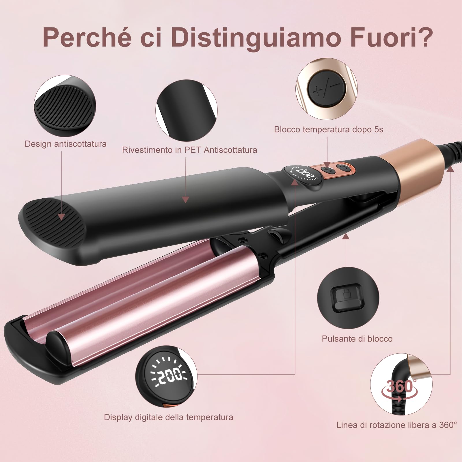 AISEELY Ferro Arricciacapelli per Onde, 20MM Piastra Onde per Capelli con 5 Temperature con Timer, Mini Ionica Ceramica Arriccia Capelli per Display LED, Perfetto per Principianti e Professionisti