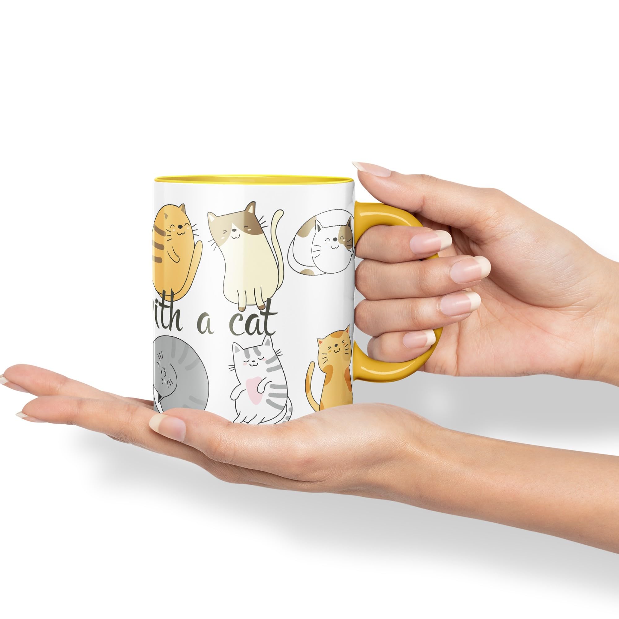 Vixar Life is Better with a cat Ceramic Coloured Mug Cup Gift Tea Coffee Christmas Office Home Cat Lovers (G Yellow) - Image 3