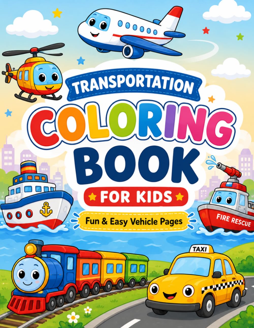 Transportation Coloring Book for Kids: Fun Cars, Trucks, Trains, Airplanes and More Cute Vehicle Coloring Pages for Boys and Girls Ages 3-8