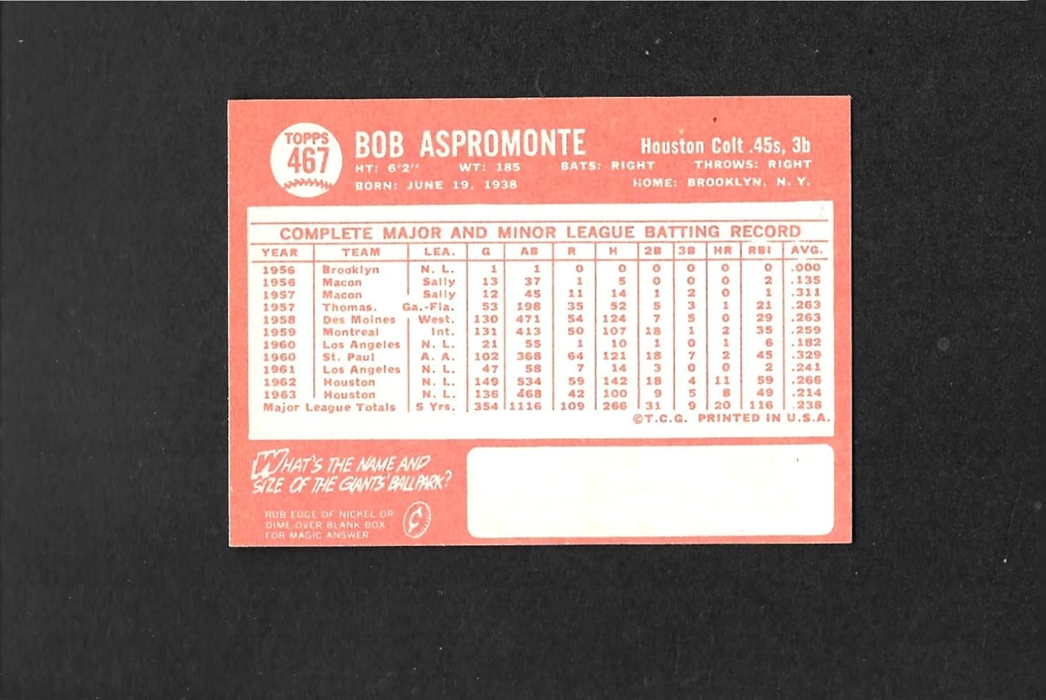 1964 TOPPS BASEBALL BOB ASPROMONTE HIGH #462 ASTROS SHARP CORNERS (MINT)