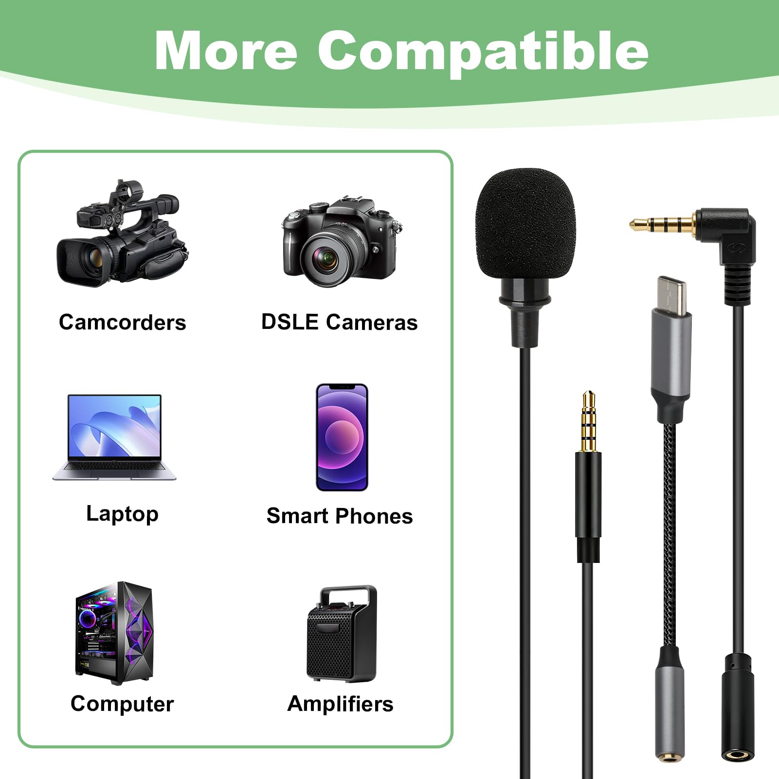 Micrófono de Solapa Omnidireccional lavalier Micrófono con 2M Cable Parabrisas Type-C Adaptadores, 3.5mm Audio Cables para Grabación Entrevista Videoconferencia Podcast Dicción de Voz Phone