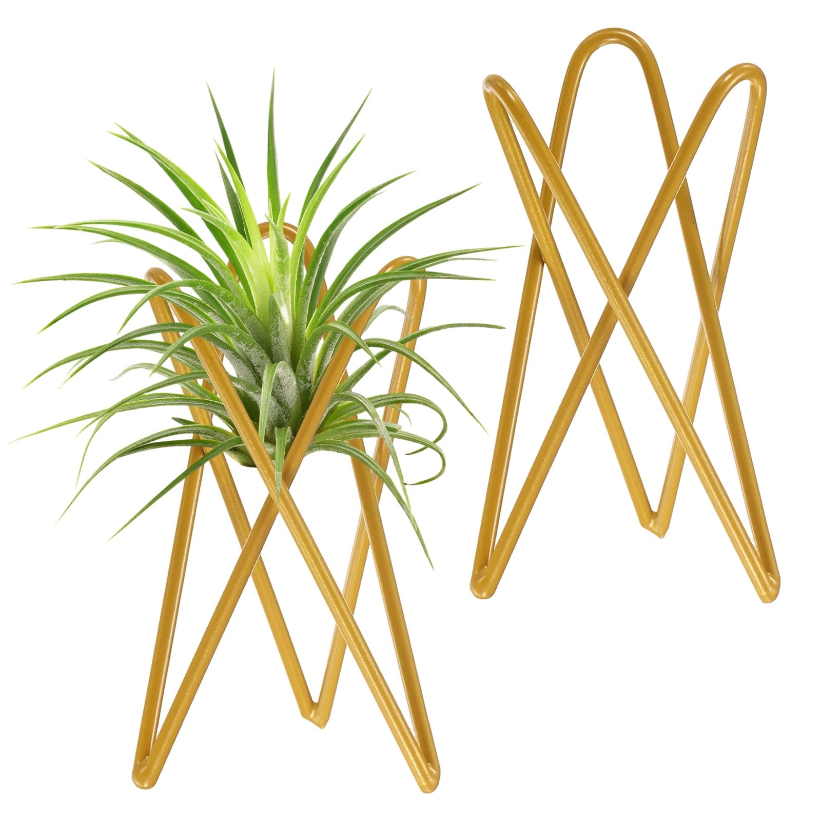 M METERXITY 2-Pack Geometric Air Plant Holders, Modern Metal Airplants Stand Rack Holder for Home Decor/Small Indoor Outdoor Plants, Tillandsia Pot Containers [Gold Tone, 3.9" H]