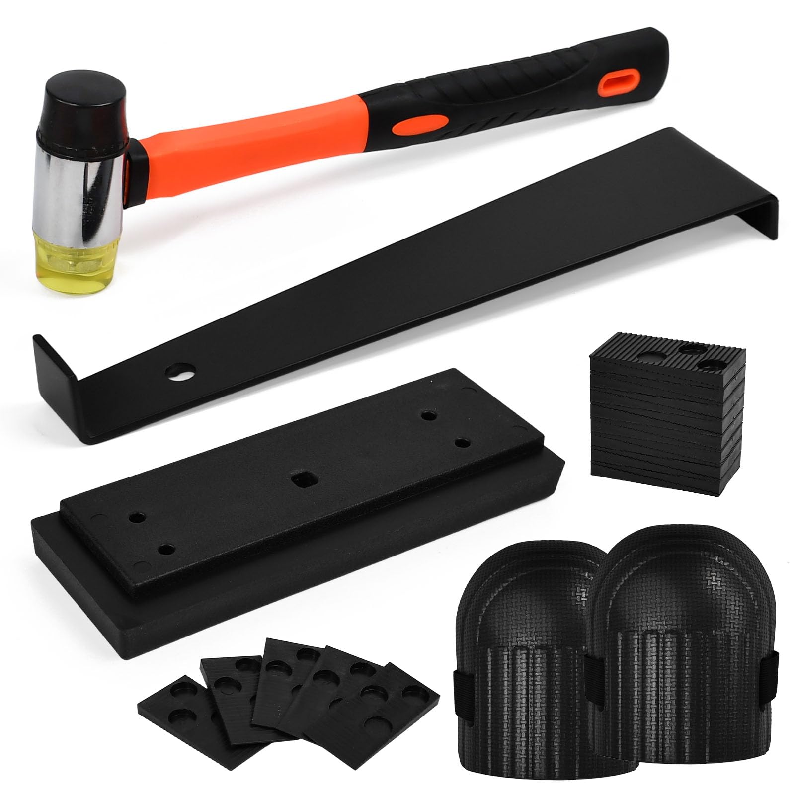 Kit de Instalación de Suelo Laminado, 65 PCS Herramientas para Piso Laminado con Martillo de Goma, Palanca, 60 Cuñas Separadoras, Bloque de Impacto y Rodilleras, Kits Colocación SueloLaminado