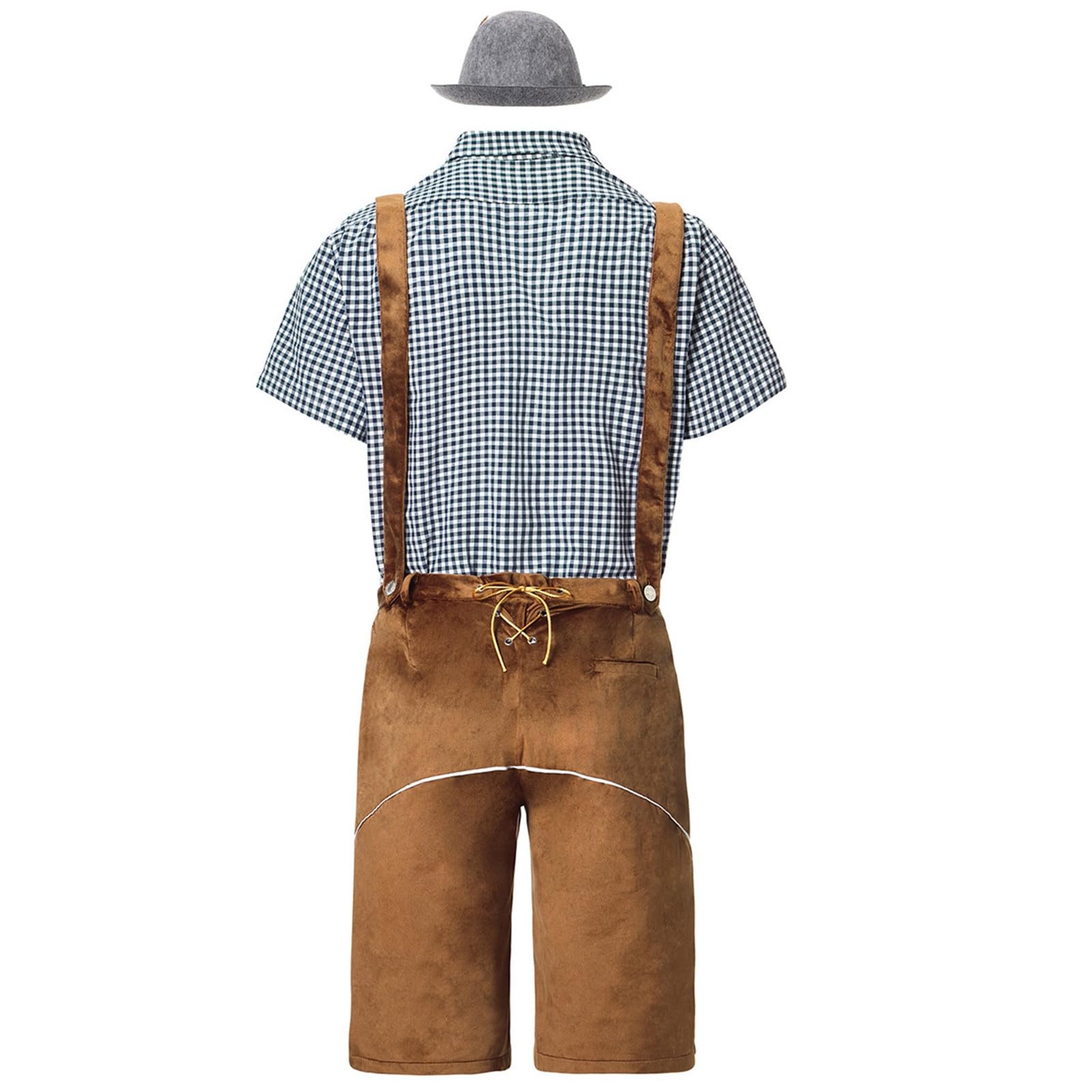 Trachten Set Herren, 4 Teilig, Kurze Lederhose + Hoseträger + Trachtenhemd + Trachtenhut, Hochwertiges Trachtenset für Oktoberfest, Deutsches Bayerischen Oktoberfest Kostüm Set (Yellow-b, XL)