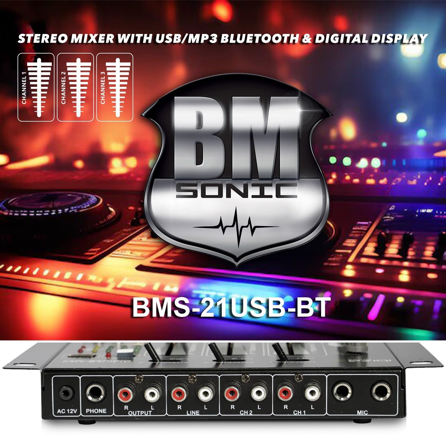 Table de mixage Sono DJ BM Bmsonic BMS-21USB-BT 4 voies/7 canaux, USB BLUETOOTH, Entrées : 1 PHONO/LINE, 1 PHONO/USB, 1 CD, MICROS