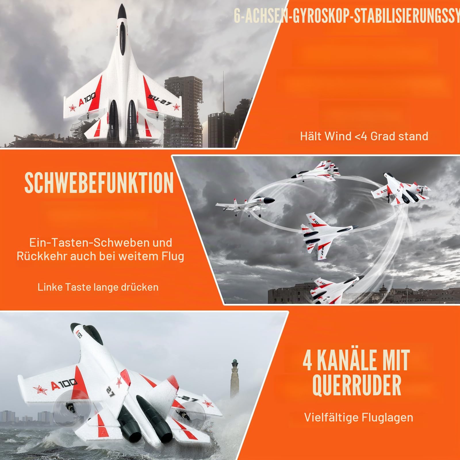 VEVOR RC-Flugzeug, 2,4 GHz 4-Kanal-Fernsteuerungsflugzeug mit 6-Achsen-Gyrostabilisator, Kampfflugzeug-Spielzeug mit 2 Batterien, leicht zu fliegendes RC-Segelflugzeug für Erwachsene, Kinder, Anfänger