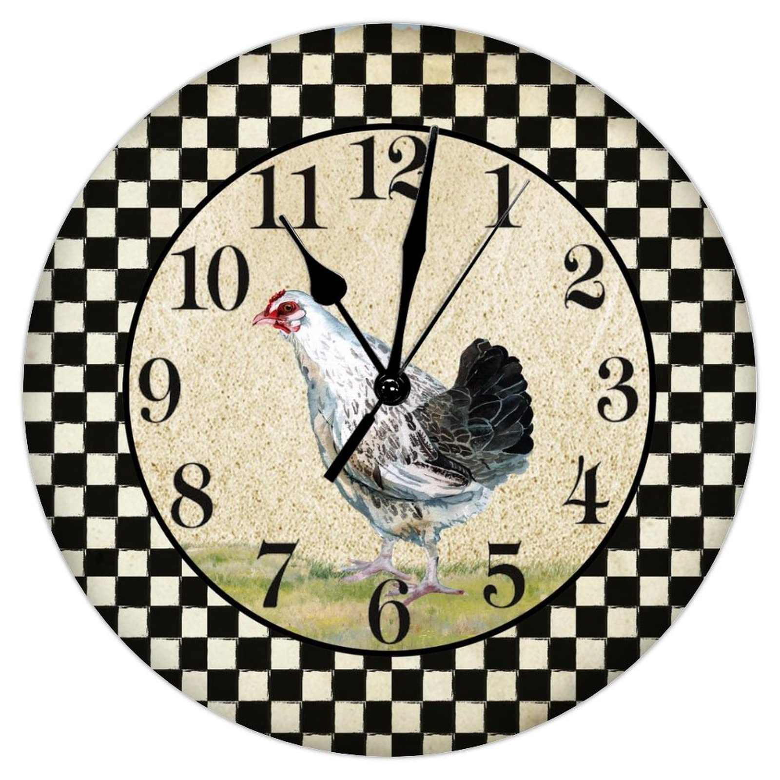 Horloge murale en bois motif poule noire et blanche à pile