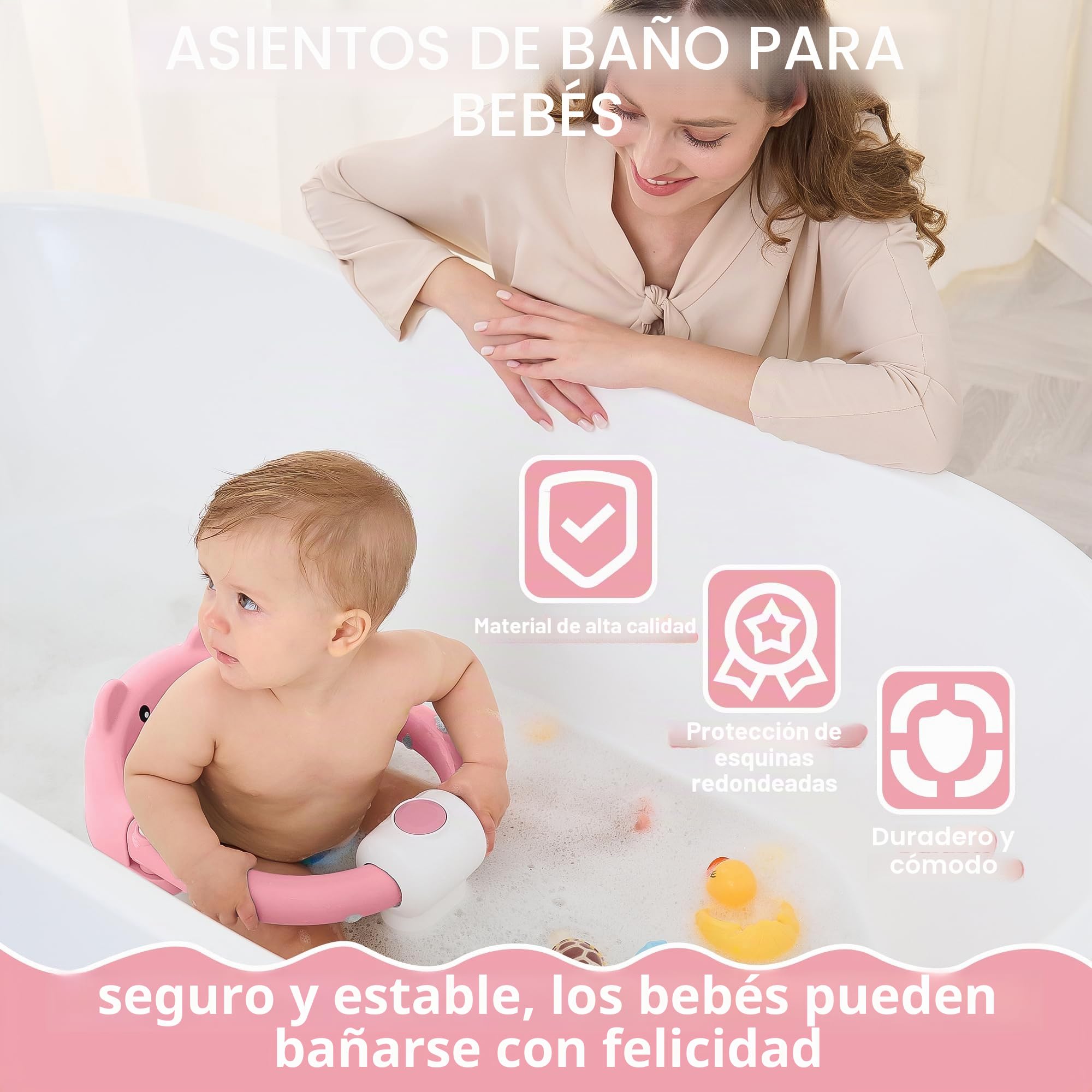 Asiento de Bañera para Bebé a Partir de 6 Meses, Asiento de Baño Antideslizante con 4 Ventosas y Cojín para Recién Nacidos, Silla Bañera Bebe Portátil Segura para la Ducha o la Bañera, Rosa