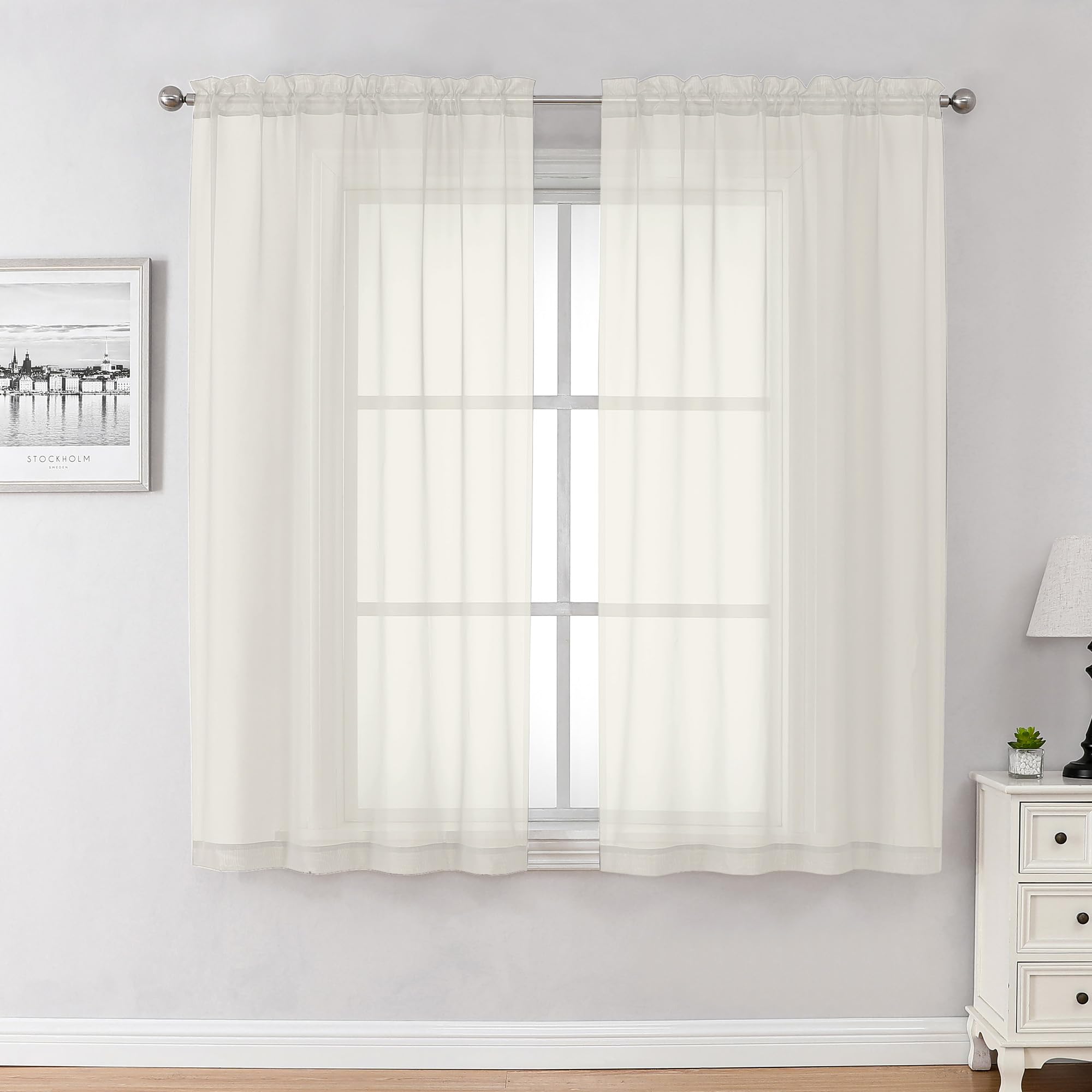Chyhomenyc Ivory Sheer Curtains 54 Inch Long 2 Panels - Light Filtering Window Curtains for Living Room, Modern Soft Airy Voile Rod Pocket Bedroom Drapes, 59Wx54L Inch
